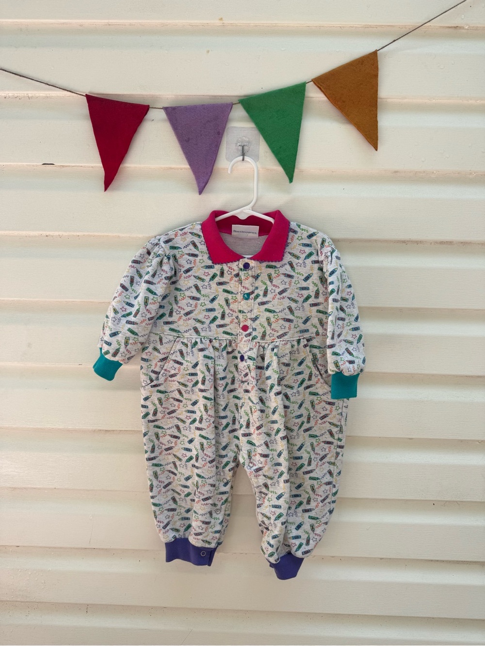 Vintage Crayola Printed Footie with Pink Collar and Teal Cuffs